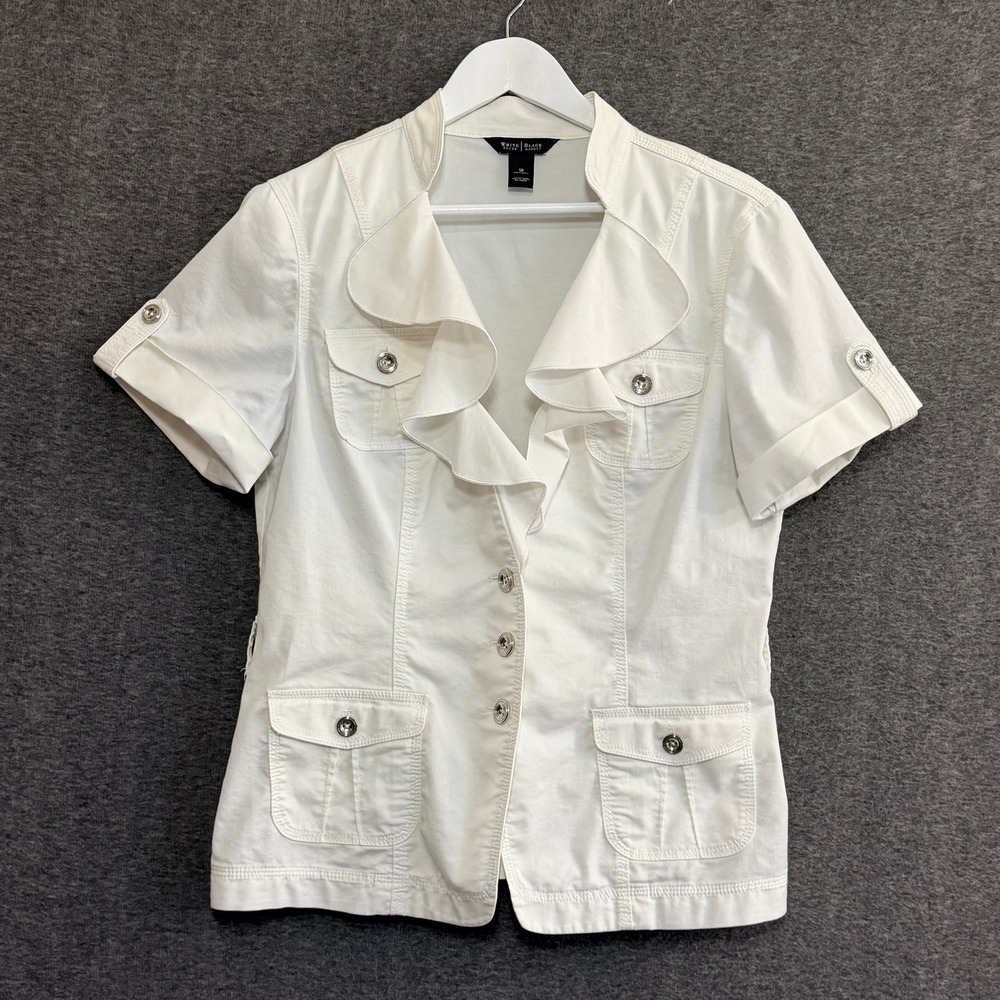 WHBM Womens Ruffle Utility Jacket Size 12 White Romantic Coastal Office Tailored